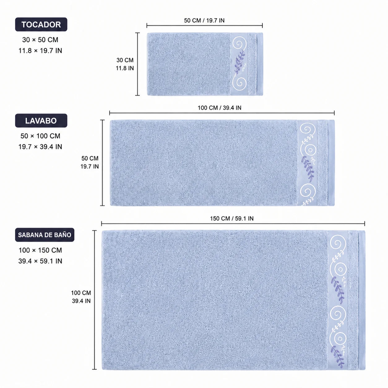 Set of 3 100% Natural Cotton Towels with Elegant Embroidery, 12 Colors Available, Set Consisting of Toilet Towel 30×50cm, Washbasin Towel 50×100cm and Bath Sheet 100×150cm, High Absorbency, Soft on the Skin, Machine Washab