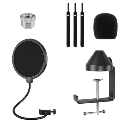 Heavy Duty Microphone Boom Arm Stand with Pop Filter, 2KG Load Capacity Adjustable Mic Scissor Arm with Cable Ties & 3/8" to 5/8" Adapter for Streaming Gaming Podcast