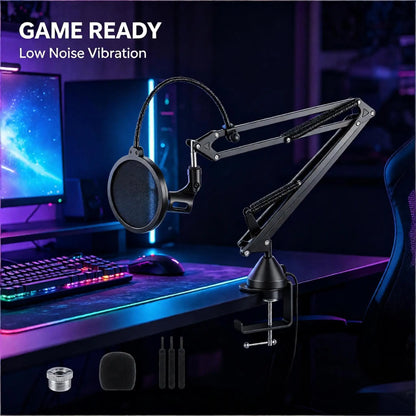 Heavy Duty Microphone Boom Arm Stand with Pop Filter, 2KG Load Capacity Adjustable Mic Scissor Arm with Cable Ties & 3/8" to 5/8" Adapter for Streaming Gaming Podcast