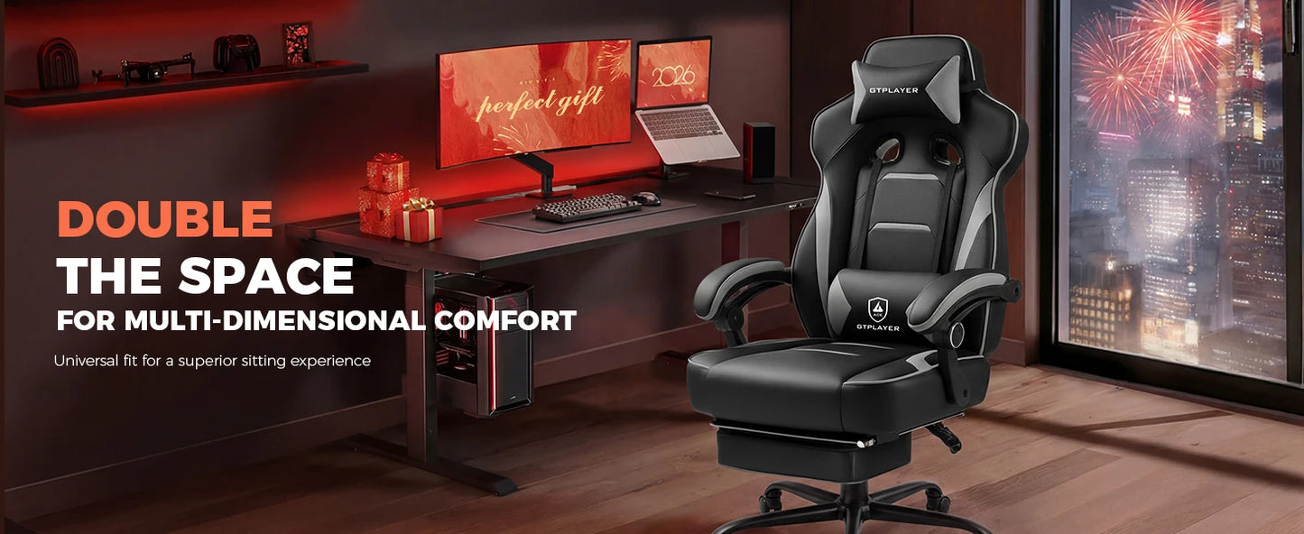 GTPLAYER Gaming chair with footrest, ergonomic office chair 180kg, heavy-duty gaming armchair with lumbar support and headrest, height-adjustable computer chair, padded, reclining 155°