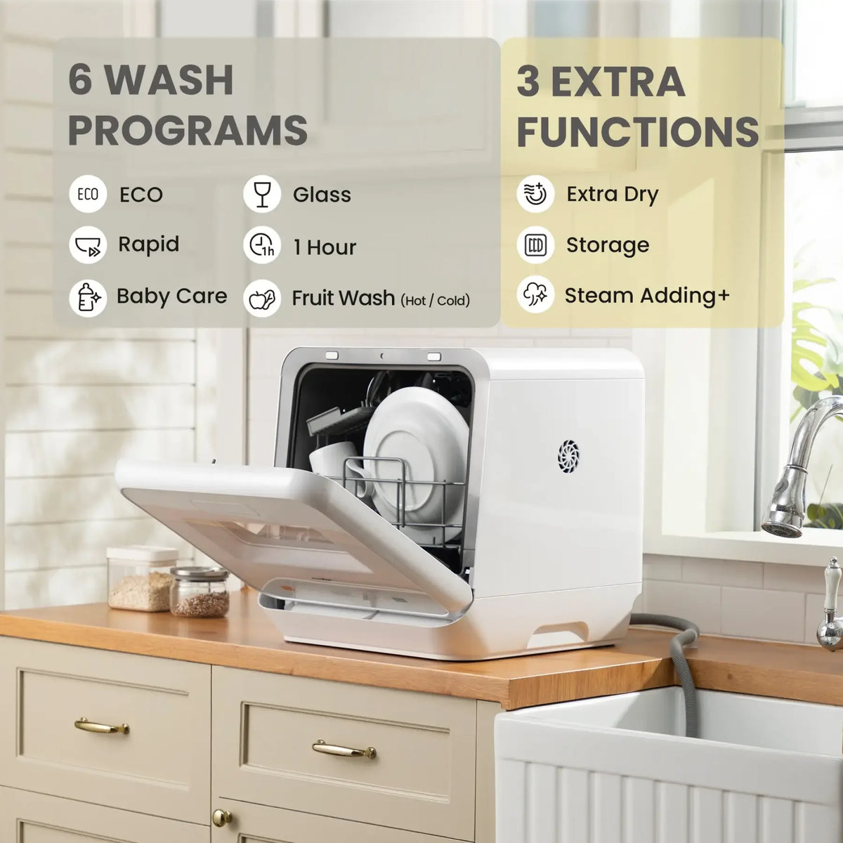 Midea Comfee Tabletop Dishwasher Without Installation, 5L Water Tank, 98 ° C Steam Sterilization, Compact Dishwasher with 6 Programs, 72H Ventilated Storage for 2-3 People