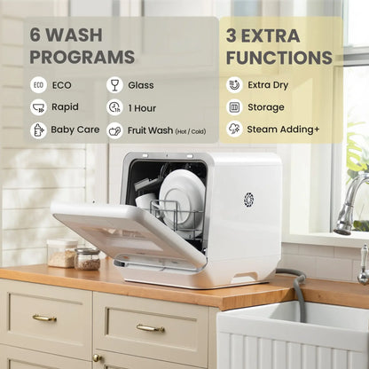 Midea Comfee Tabletop Dishwasher Without Installation, 5L Water Tank, 98 ° C Steam Sterilization, Compact Dishwasher with 6 Programs, 72H Ventilated Storage for 2-3 People