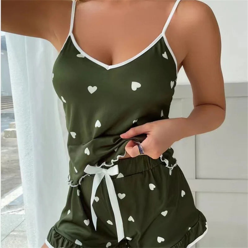 Dam Pyjamas Set Sommar – Linne & Shorts Stora Storlekar, Söt Print, 4 Färger