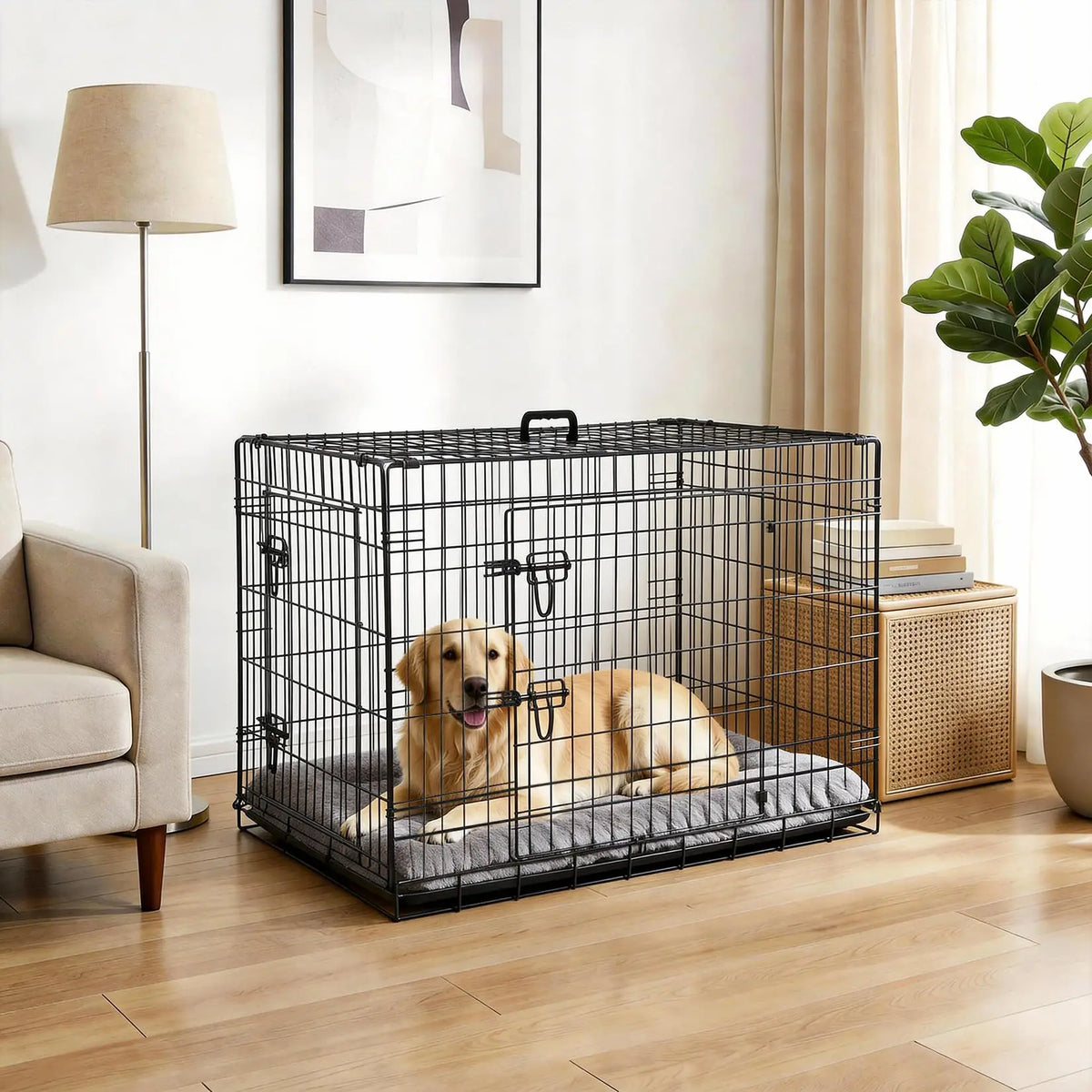 Foldable dogs Box with 2 Doors, 107x70x77.5 cm Folding Metal dogs cage with Removable Waterproof Floor Track and Partition Wall for Medium dogs