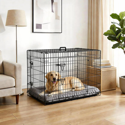 Foldable dogs Box with 2 Doors, 107x70x77.5 cm Folding Metal dogs cage with Removable Waterproof Floor Track and Partition Wall for Medium dogs