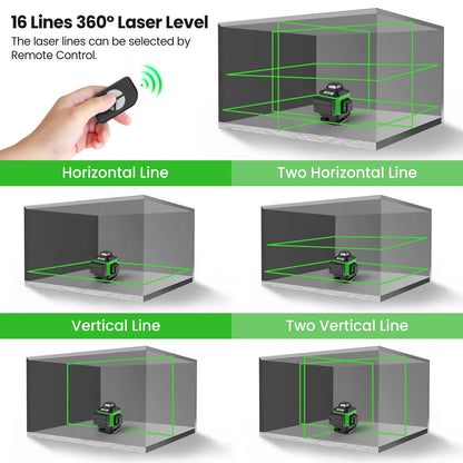 DWiusty 4D Lasernivå 16 Linjer – Grön Laser Självnivellering IP54 Stativ Tygväska Plastlåda 8/12/16 Linjer
