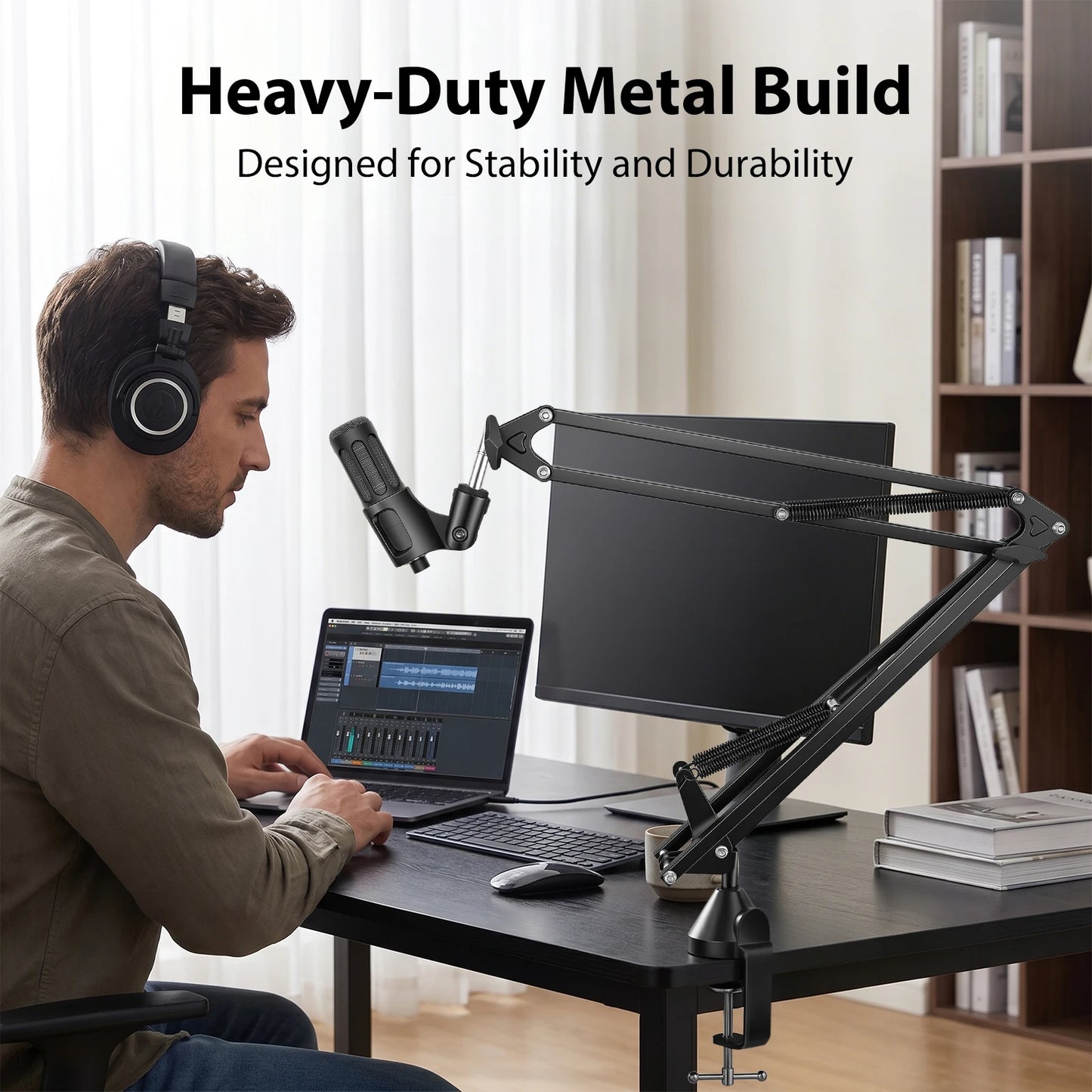 Heavy Duty Microphone Boom Arm Stand with Pop Filter, 2KG Load Capacity Adjustable Mic Scissor Arm with Cable Ties & 3/8" to 5/8" Adapter for Streaming Gaming Podcast