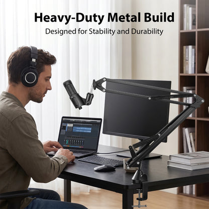 Heavy Duty Microphone Boom Arm Stand with Pop Filter, 2KG Load Capacity Adjustable Mic Scissor Arm with Cable Ties & 3/8" to 5/8" Adapter for Streaming Gaming Podcast