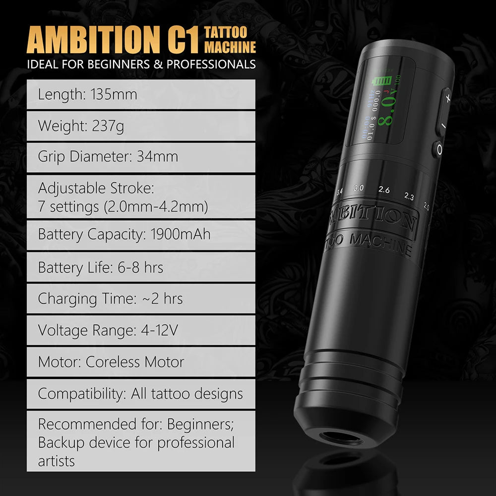 Ambition C1 Adjustable 7 Strokes 2.0-4.2mm Wireless Tattoo Machine Coreless Motor Billing Battery 1900mAh For Tattoo Body Artist