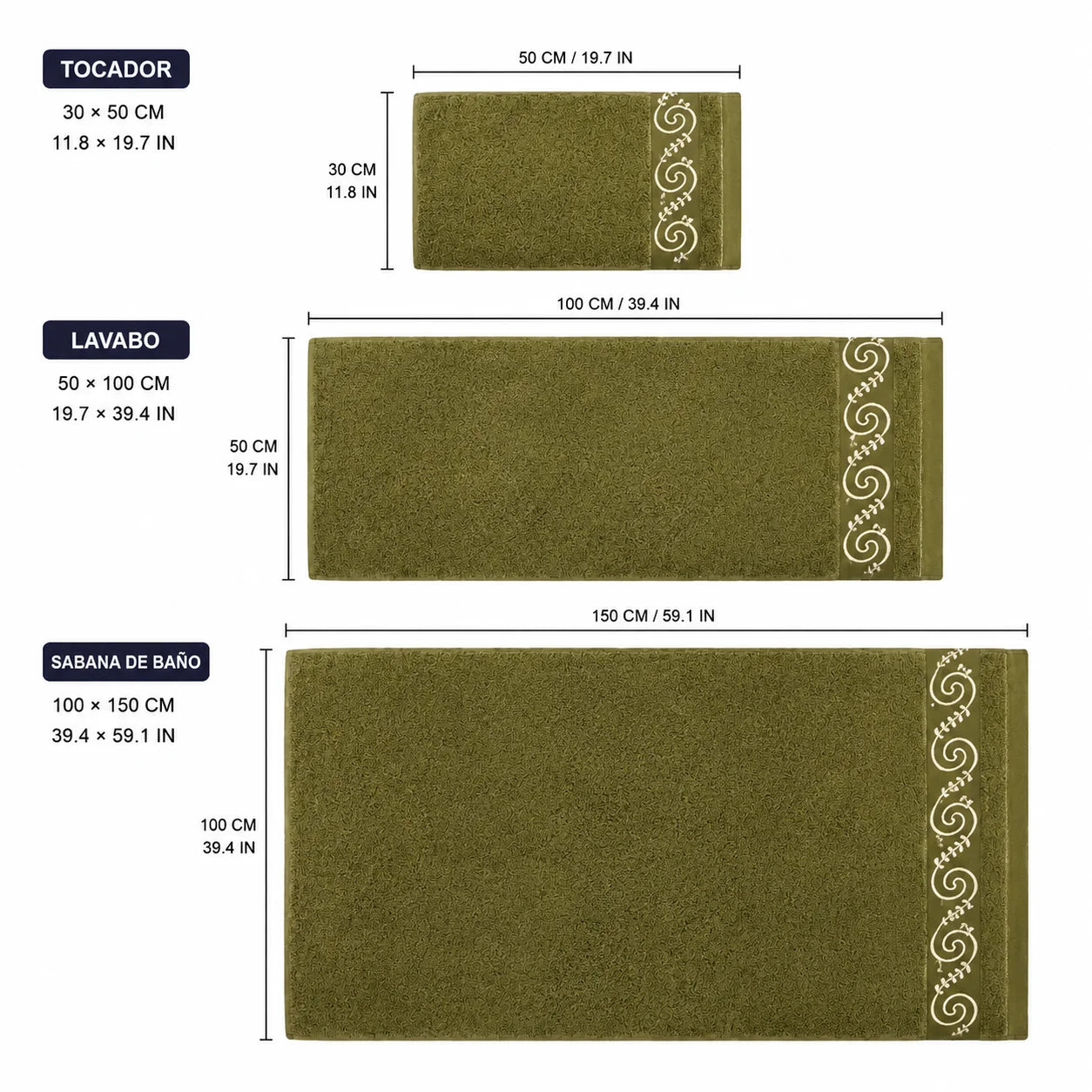 Set of 3 100% Natural Cotton Towels with Elegant Embroidery, 12 Colors Available, Set Consisting of Toilet Towel 30×50cm, Washbasin Towel 50×100cm and Bath Sheet 100×150cm, High Absorbency, Soft on the Skin, Machine Washab