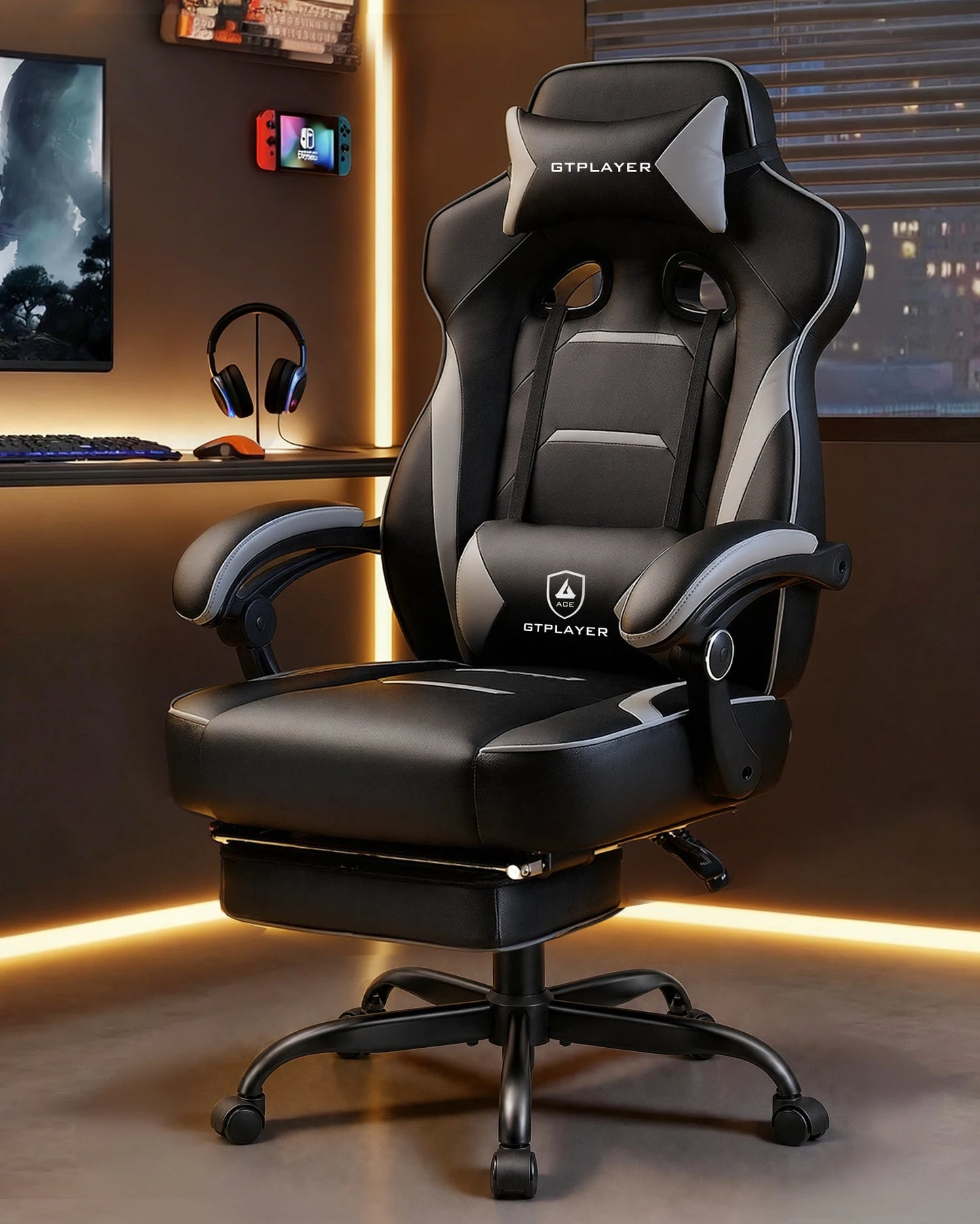 GTPLAYER Gaming chair with footrest, ergonomic office chair 180kg, heavy-duty gaming armchair with lumbar support and headrest, height-adjustable computer chair, padded, reclining 155°