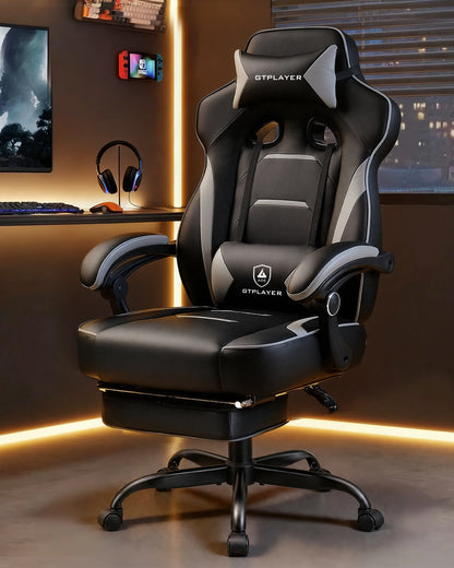 GTPLAYER Gaming chair with footrest, ergonomic office chair 180kg, heavy-duty gaming armchair with lumbar support and headrest, height-adjustable computer chair, padded, reclining 155°