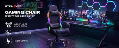 GTPLAYER Gaming Chair, Office Chair, Gaming Chair with LED Light Bar and Massage Function, Gamer Chair, Backrest with Storage Bag Ergonomic PC Chair with Remote Control