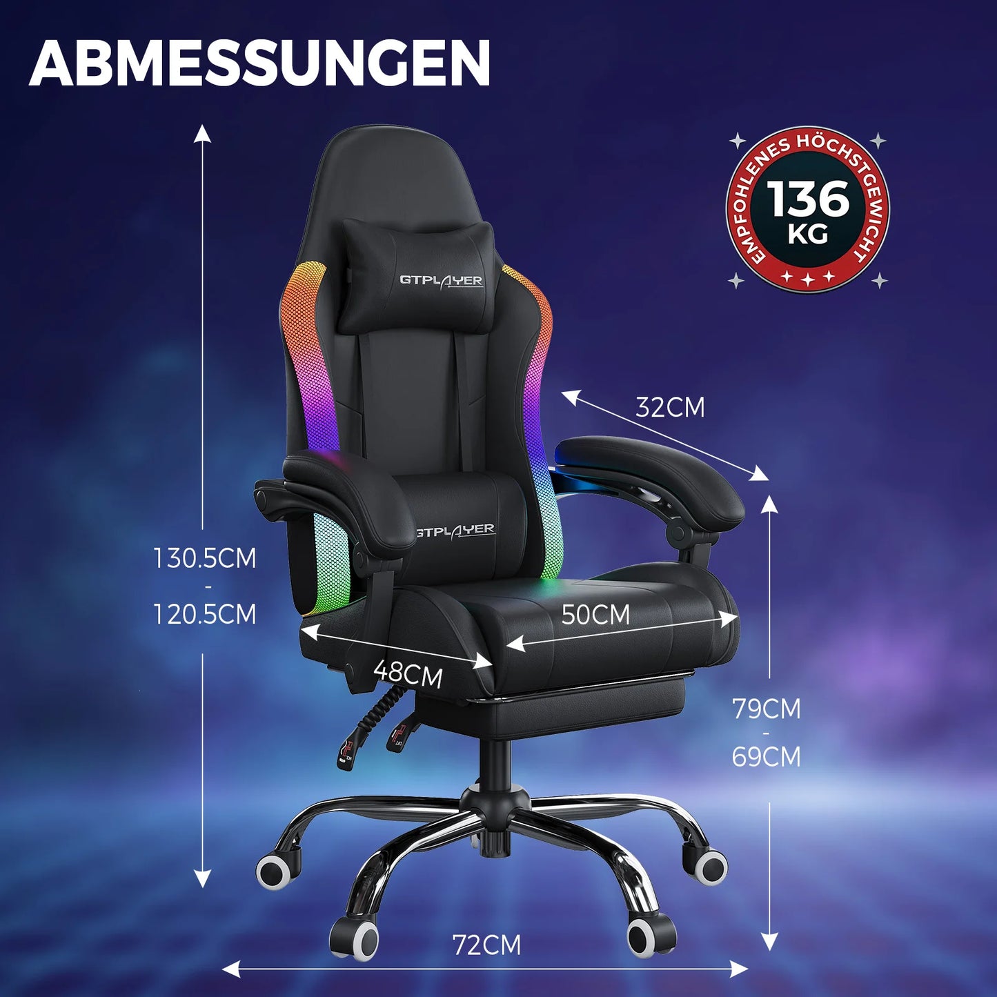 GTPLAYER Gaming Chair, Office Chair, Gaming Chair with LED Light Bar and Massage Function, Gamer Chair, Backrest with Storage Bag Ergonomic PC Chair with Remote Control