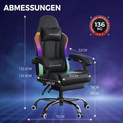 GTPLAYER Gaming Chair, Office Chair, Gaming Chair with LED Light Bar and Massage Function, Gamer Chair, Backrest with Storage Bag Ergonomic PC Chair with Remote Control