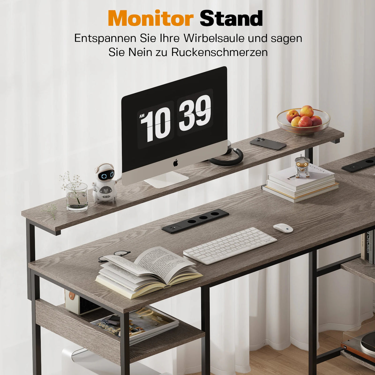 Corner Desk L Shaped Computer Desk with Monitor Stand Fabric Drawers & Storage Shelves Industrial Home Office Desk Wood Look Metal