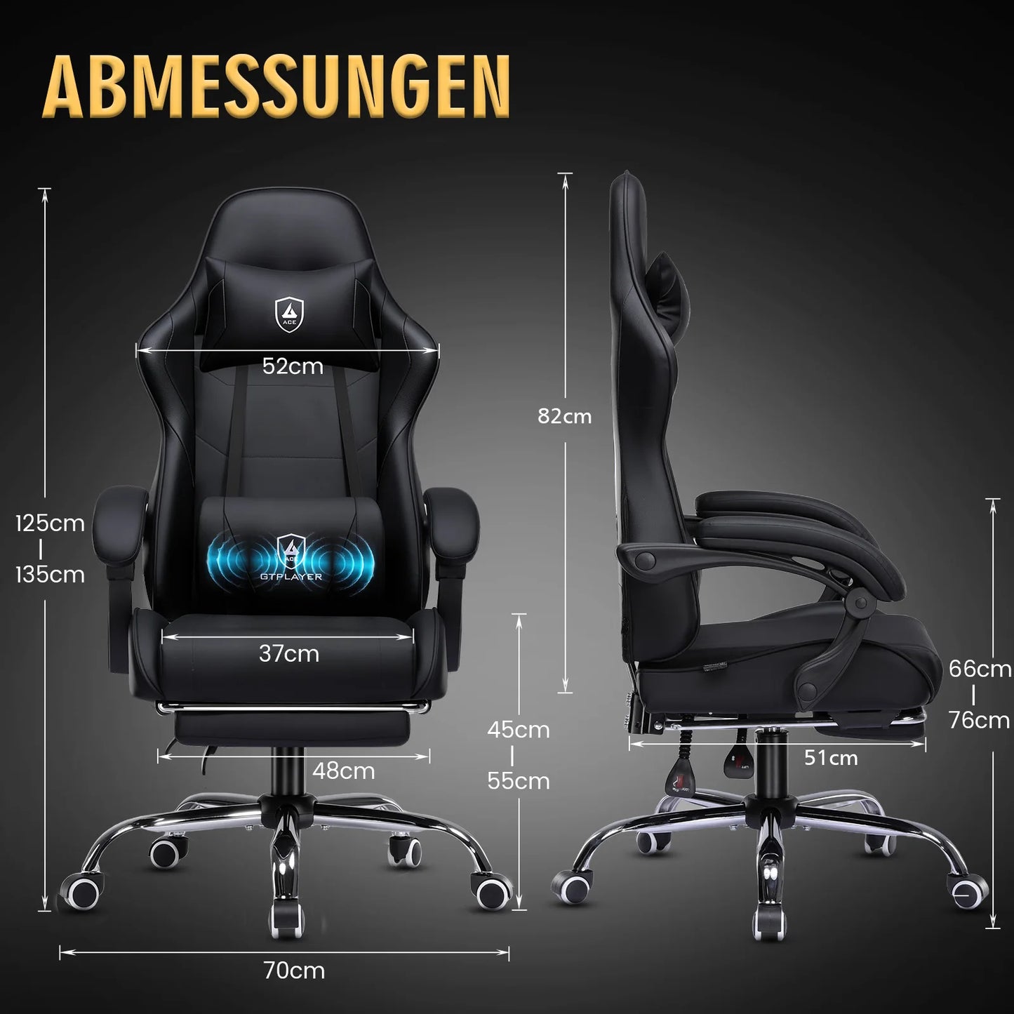 GTPLAYER Gaming chair Ergonomic Office Chair with Loin Support & Massage Function Height Adjustable Upholstered 150 kg