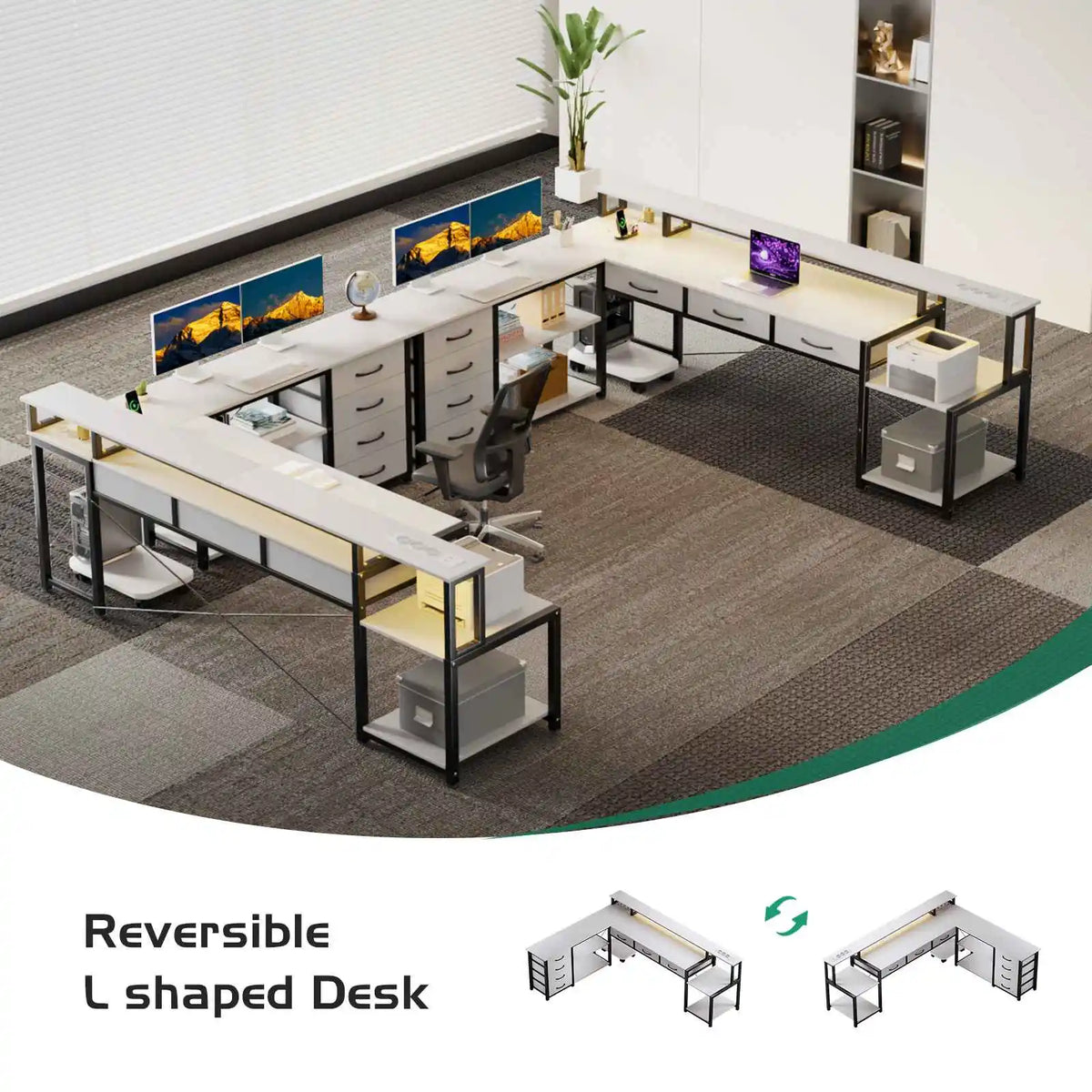 Desk, square table with drawers, sockets and USB ports, monitor stand and LED lighting included, black.