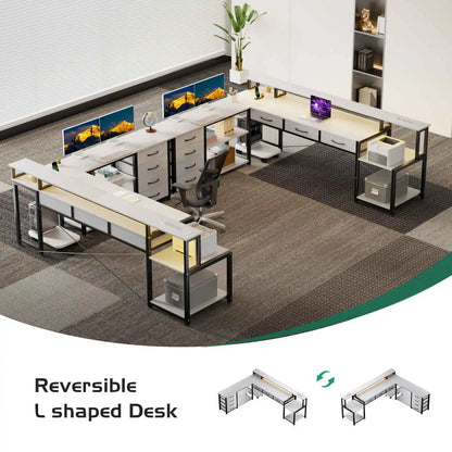 Desk, square table with drawers, sockets and USB ports, monitor stand and LED lighting included, black.