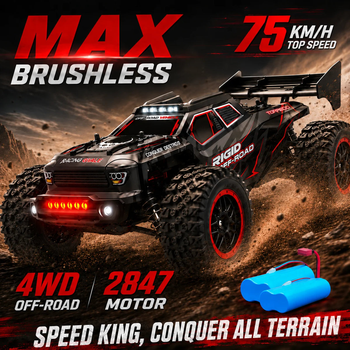 4Wd Brushless Rc Car 75Km/H Metal Differential Shaft Drive Independent Shock Absorbers Led Headlights 2.4g 300m Remote Control Off-Road Hobby Vehicle