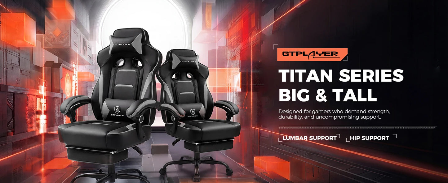 GTPLAYER Gaming chair with footrest, ergonomic office chair 180kg, heavy-duty gaming armchair with lumbar support and headrest, height-adjustable computer chair, padded, reclining 155°
