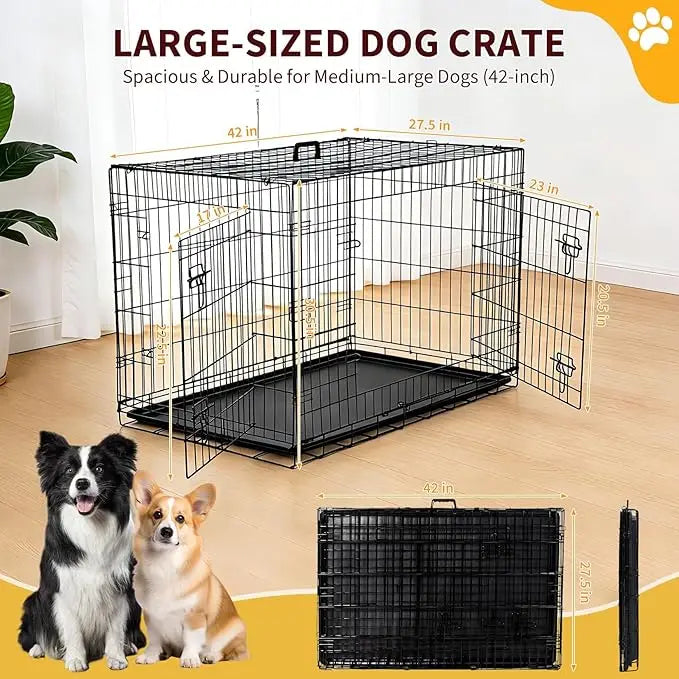 48 inch Double Door Dog Crate Foldable metal dog crate with double doors, adjustable divider, and removable tray for small dogs