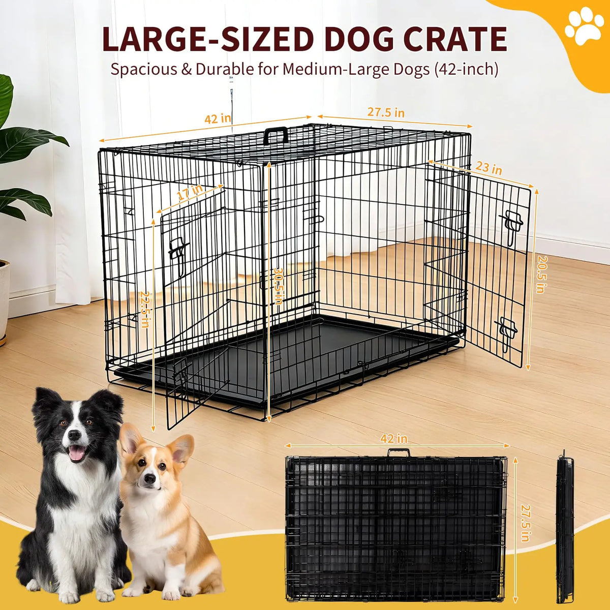Foldable dogs Box with 2 Doors, 107x70x77.5 cm Folding Metal dogs cage with Removable Waterproof Floor Track and Partition Wall for Medium dogs