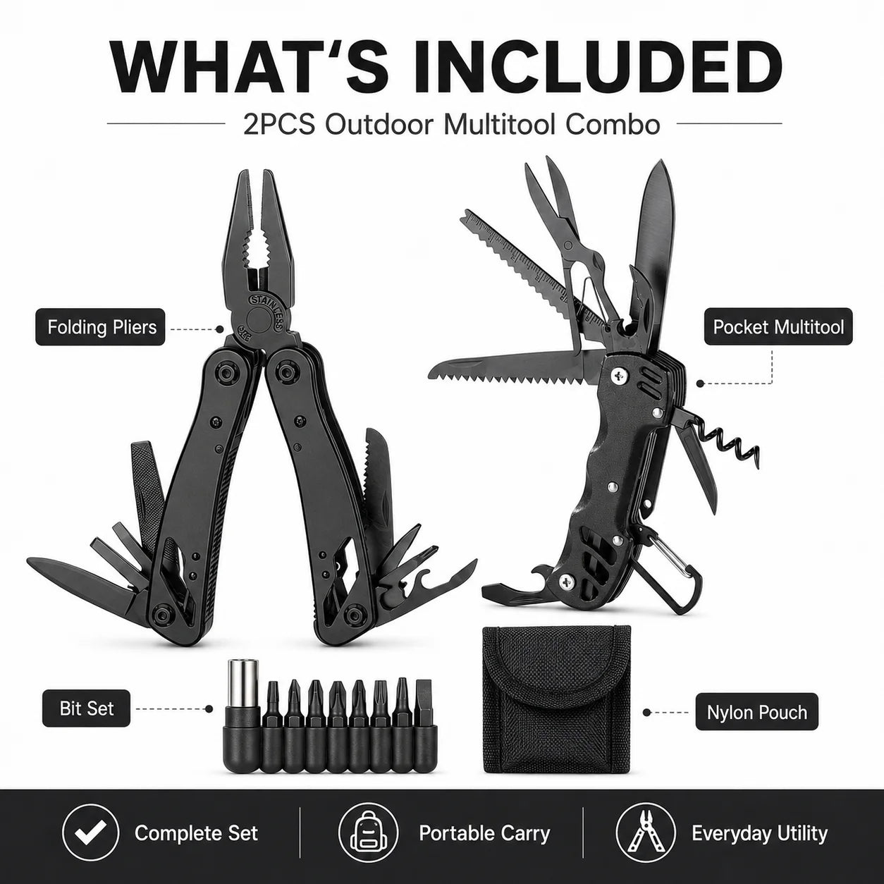 2-Piece Multi Tool Set Portable Folding folds Knife screen driver open Outdoor Camping Survival Repair Tool with Carry Bag