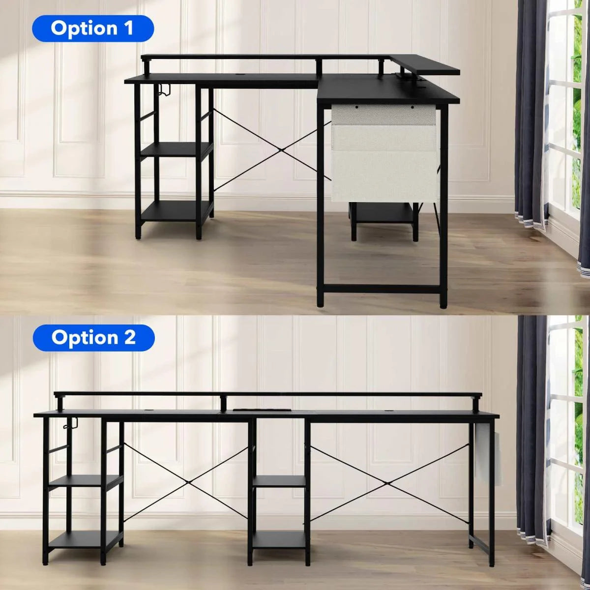 L-Shaped Computer Desk, with Power Outlets & Led Light Strip, Adjustable Height, Modern Stylish Design, Black