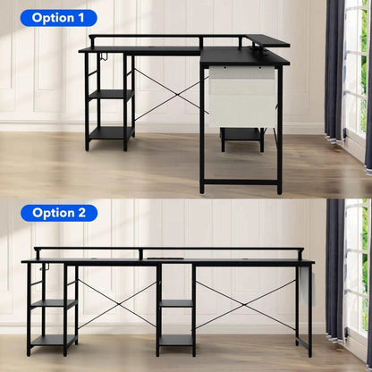 L-Shaped Computer Desk, with Power Outlets & Led Light Strip, Adjustable Height, Modern Stylish Design, Black