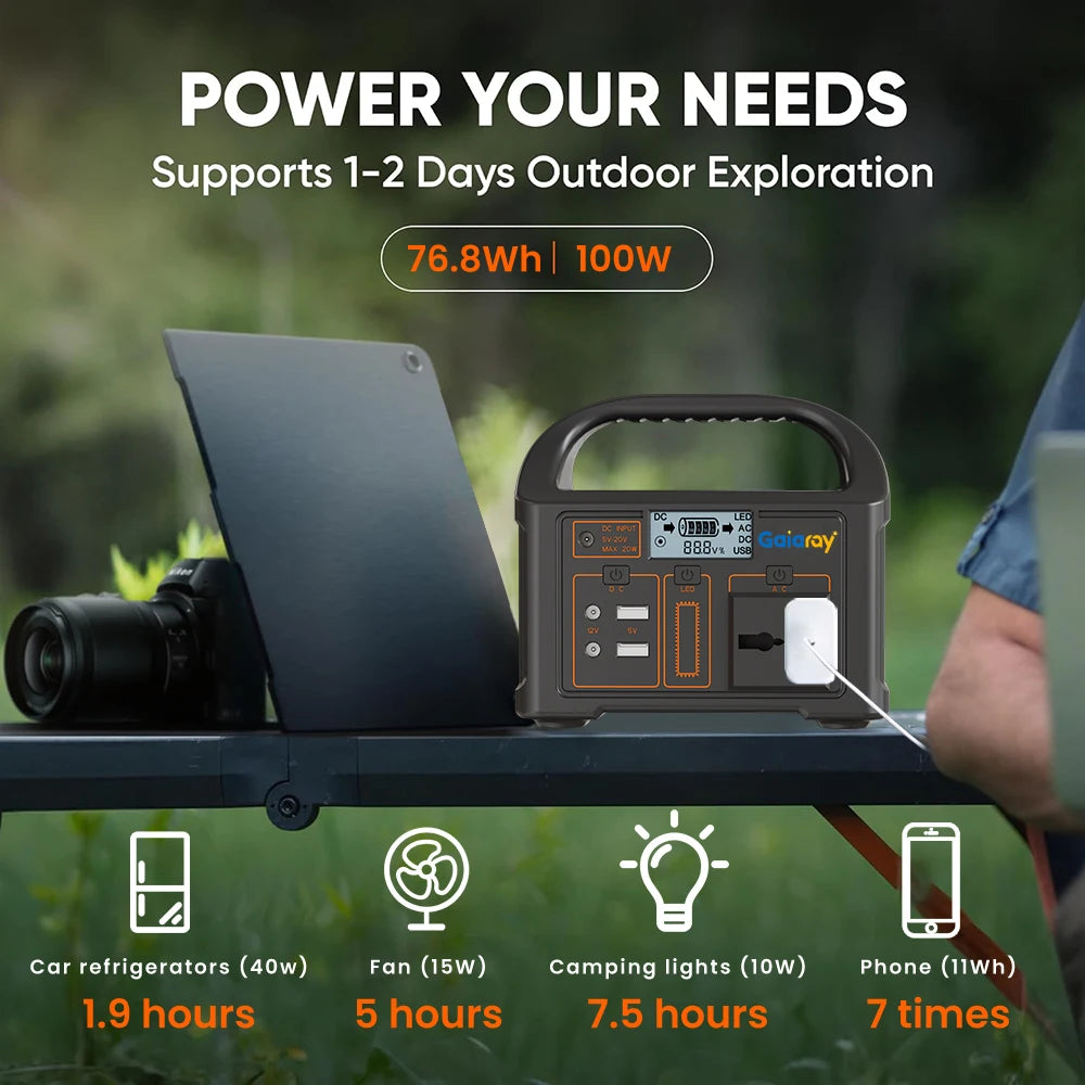 Gaiaray 100W All-in-one Power Station AC 220V Solar Generator   76.8Wh LiFePO4 Battery Emergency Portable Power Plant LED Light UPS Backup Power Bank For Outdoor Camping Travel Fishing Tool