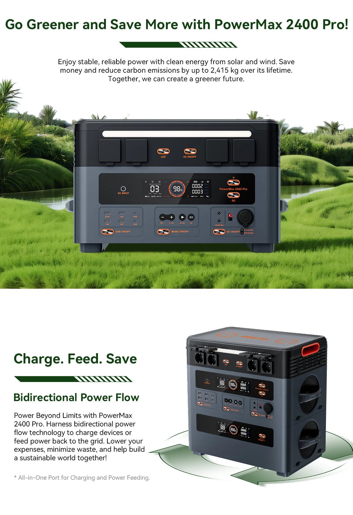 Oscal PowerMax 2400 Pro Portable Power Station, 2016Wh 2400W Outdoor Generator, 3500+ Cycles LiFePO4, Dual Speakers, 1.2H Fast Charge, Smart APP for Camping House Travelling
