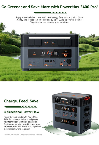 Oscal PowerMax 2400 Pro Portable Power Station, 2016Wh 2400W Outdoor Generator, 3500+ Cycles LiFePO4, Dual Speakers, 1.2H Fast Charge, Smart APP for Camping House Travelling