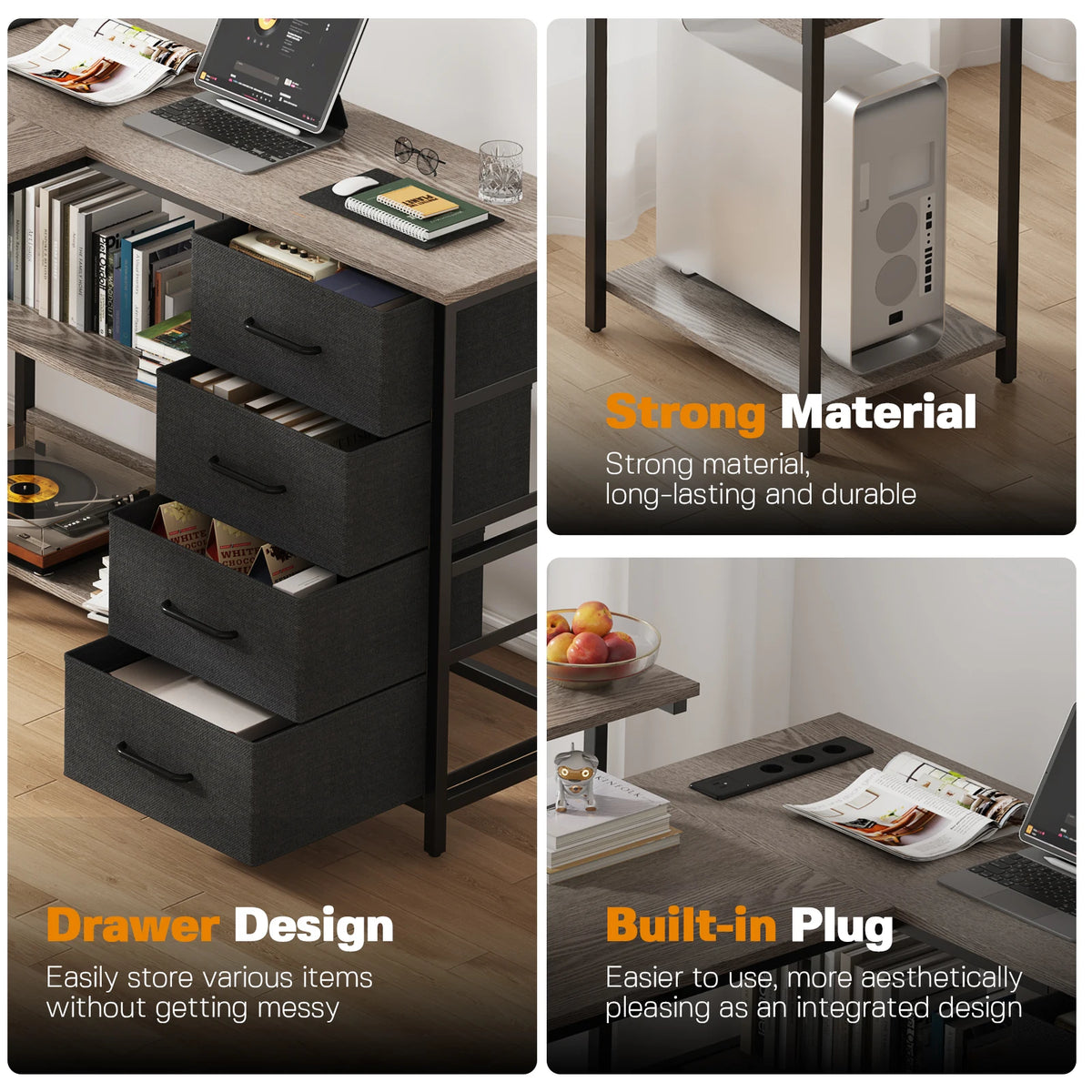 Corner Desk L Shaped Computer Desk with Monitor Stand Fabric Drawers & Storage Shelves Industrial Home Office Desk Wood Look Metal