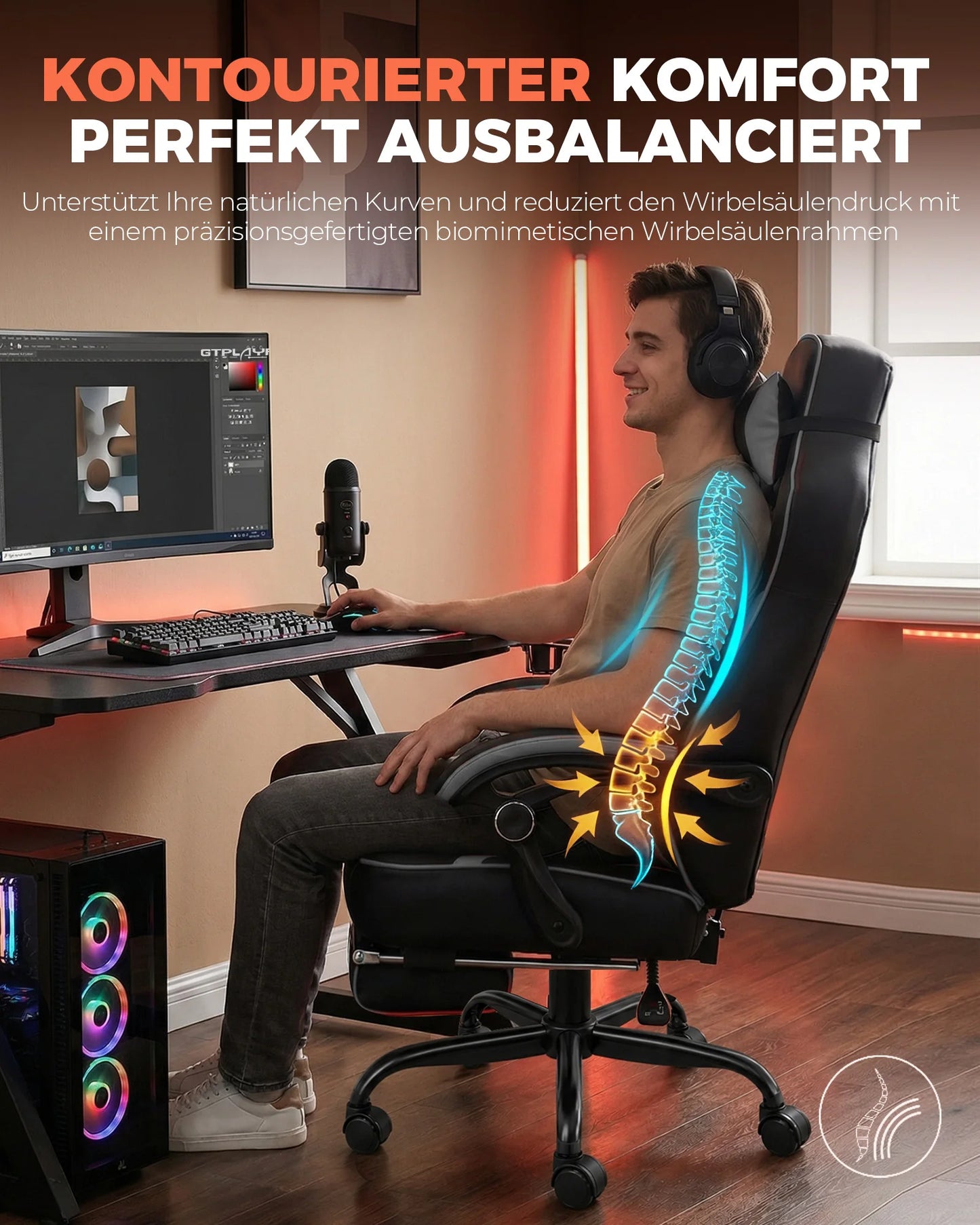 GTPLAYER Gaming chair with footrest, ergonomic office chair 180kg, heavy-duty gaming armchair with lumbar support and headrest, height-adjustable computer chair, padded, reclining 155°