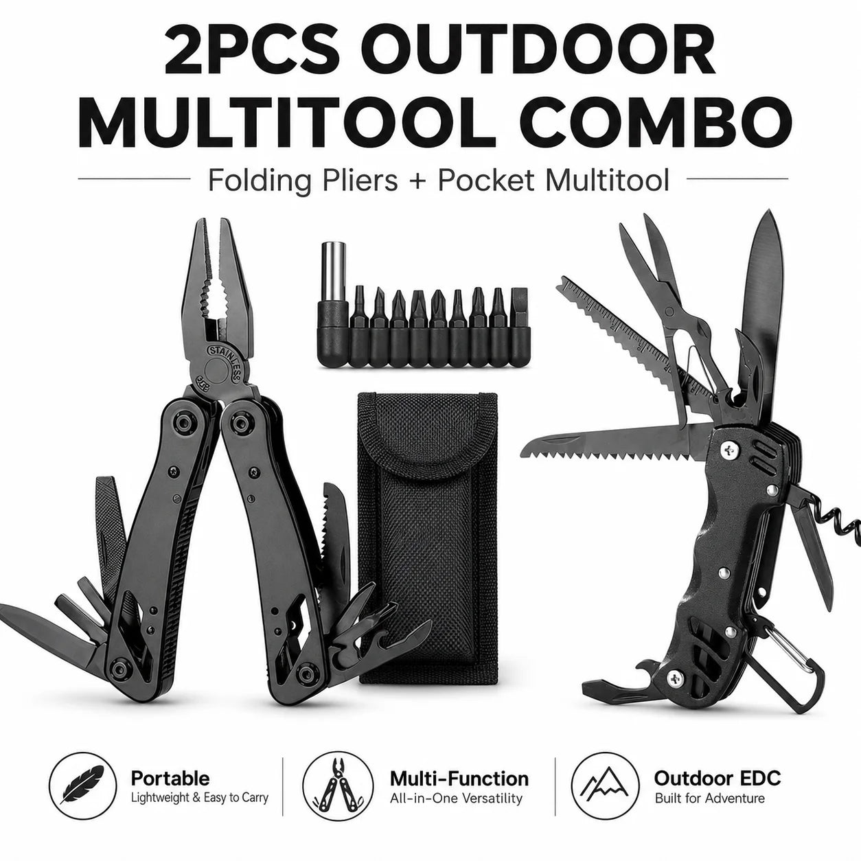 2-Piece Multi Tool Set Portable Folding folds Knife screen driver open Outdoor Camping Survival Repair Tool with Carry Bag