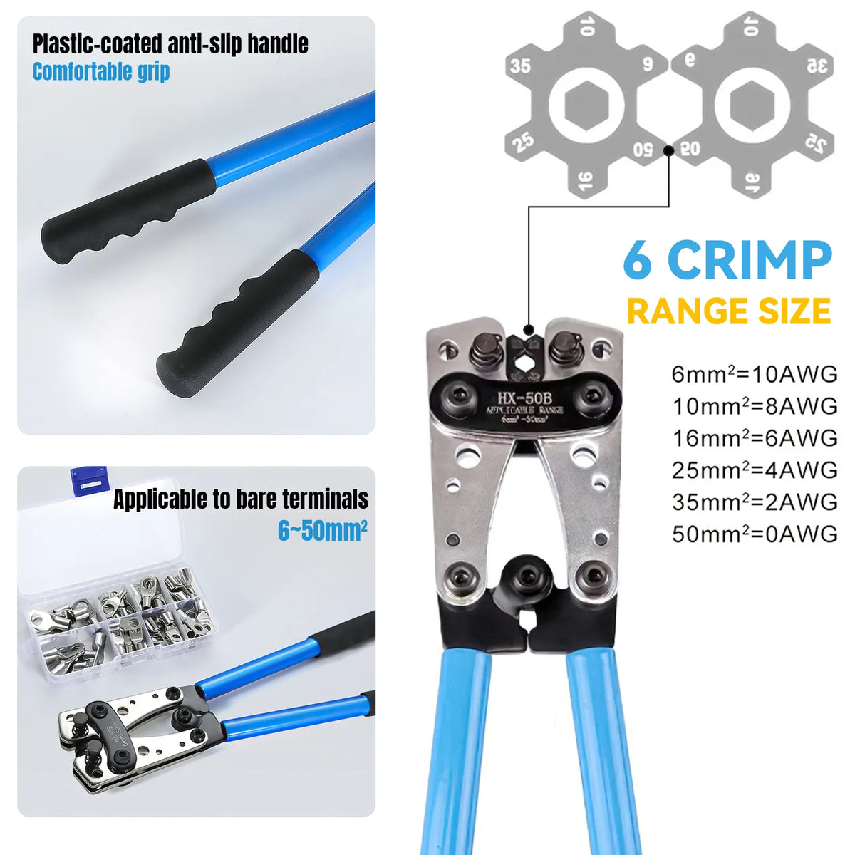 Bärbar manuell kabelskruvpress HX-50B krimpstänger 6-50 mm² / AWG 10-0 hylsterminal krimpverktyg sexkantiga kabeltänger