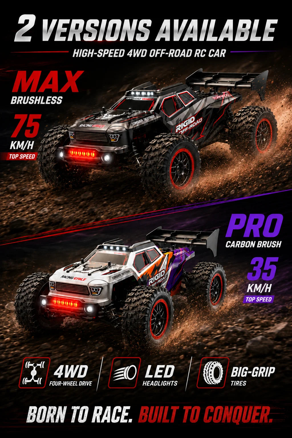 4Wd Brushless Rc Car 75Km/H Metal Differential Shaft Drive Independent Shock Absorbers Led Headlights 2.4g 300m Remote Control Off-Road Hobby Vehicle
