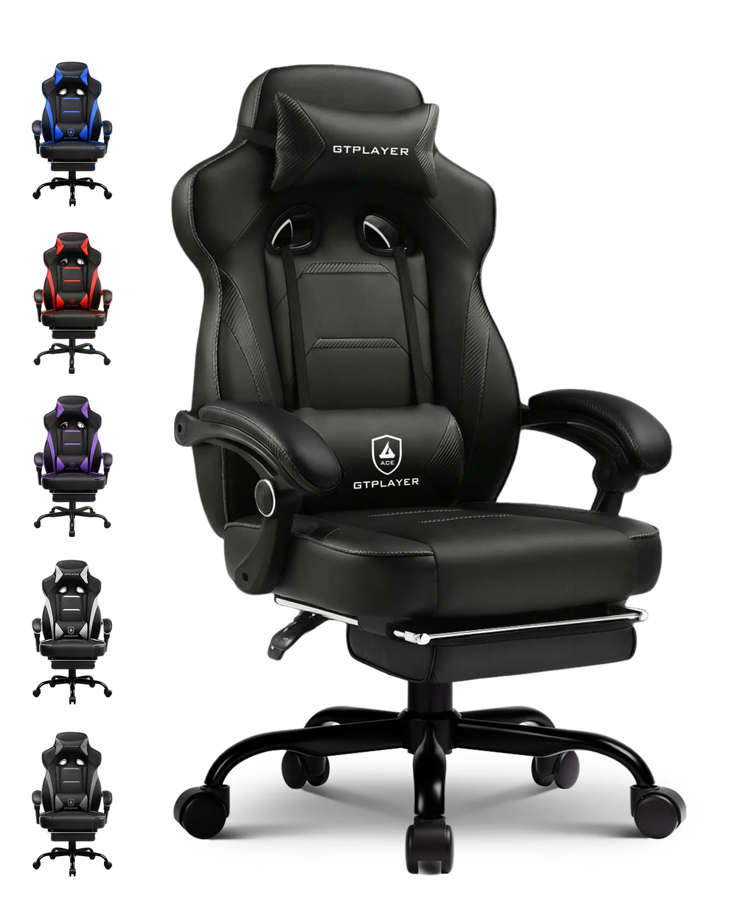 GTPLAYER Gaming chair with footrest, ergonomic office chair 180kg, heavy-duty gaming armchair with lumbar support and headrest, height-adjustable computer chair, padded, reclining 155°