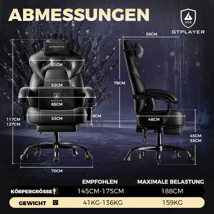 GTPLAYER Gaming Chair with Footrest, Gamer Armchair Height-Adjustable, 200 kg Load Capacity, Adjustable Armrests, Lumbar and Head Pillows, Swivel Gaming Chair
