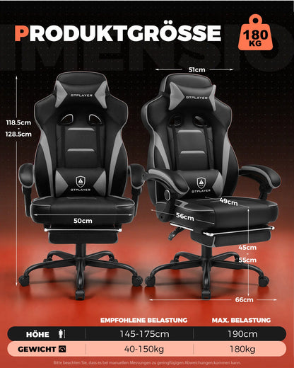GTPLAYER Gaming chair with footrest, ergonomic office chair 180kg, heavy-duty gaming armchair with lumbar support and headrest, height-adjustable computer chair, padded, reclining 155°
