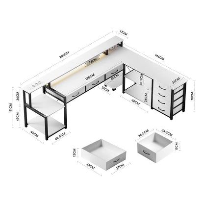 Desk, square table with drawers, sockets and USB ports, monitor stand and LED lighting included, black.