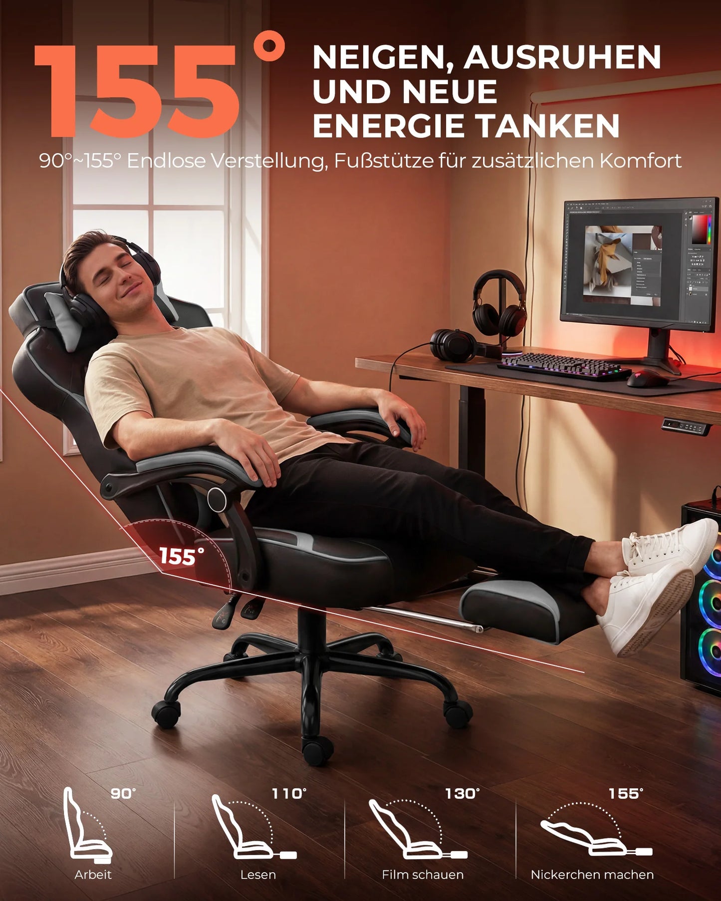 GTPLAYER Gaming chair with footrest, ergonomic office chair 180kg, heavy-duty gaming armchair with lumbar support and headrest, height-adjustable computer chair, padded, reclining 155°