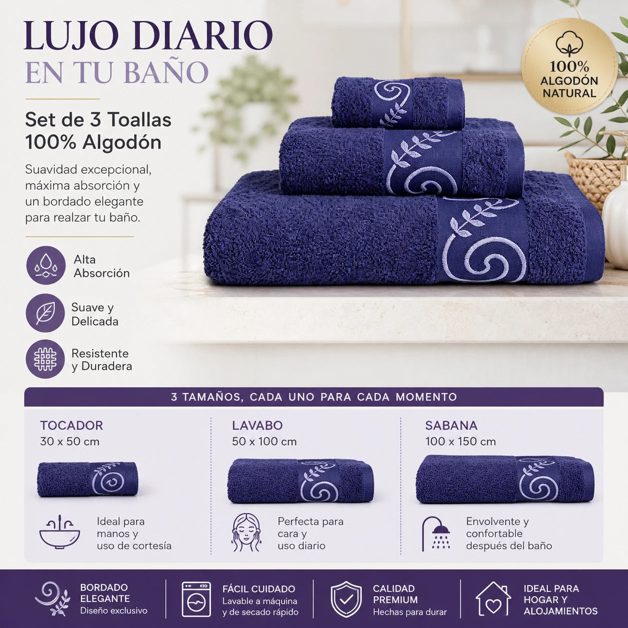 Set of 3 100% Natural Cotton Towels with Elegant Embroidery, 12 Colors Available, Set Consisting of Toilet Towel 30×50cm, Washbasin Towel 50×100cm and Bath Sheet 100×150cm, High Absorbency, Soft on the Skin, Machine Washab