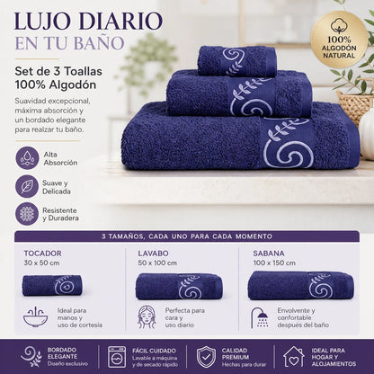 Set of 3 100% Natural Cotton Towels with Elegant Embroidery, 12 Colors Available, Set Consisting of Toilet Towel 30×50cm, Washbasin Towel 50×100cm and Bath Sheet 100×150cm, High Absorbency, Soft on the Skin, Machine Washab