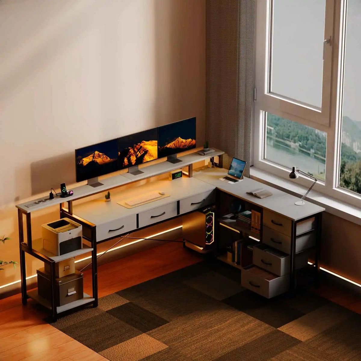 Desk, square table with drawers, sockets and USB ports, monitor stand and LED lighting included, black.
