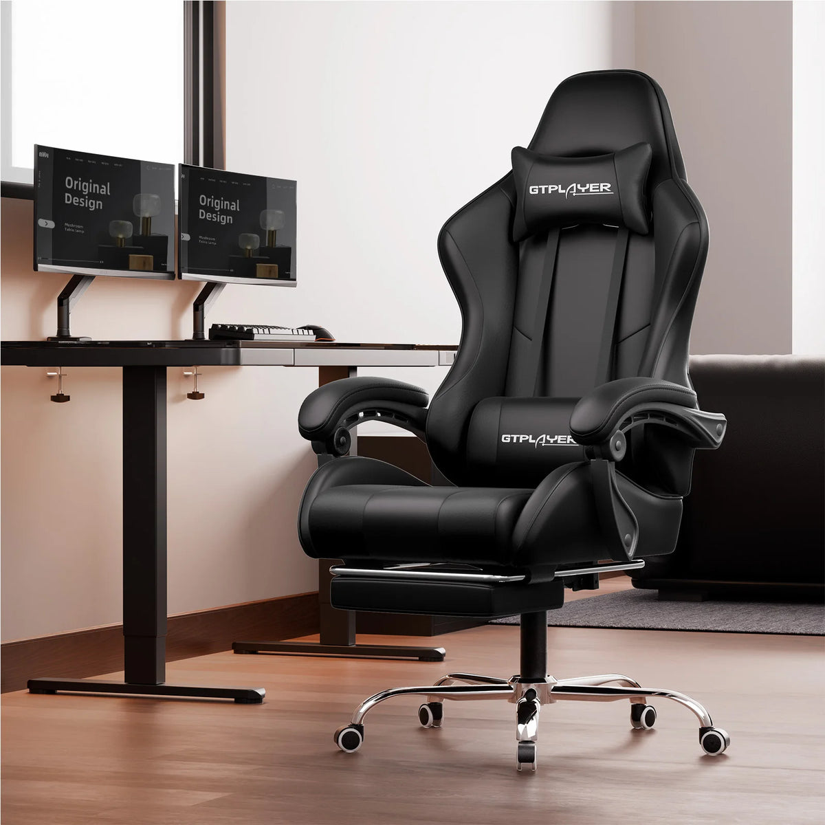 GTPLAYER Gaming chair with massage Lumin cushion & footrest, Ergonomic office chair with padded seat, swivel chair up to 150 kg