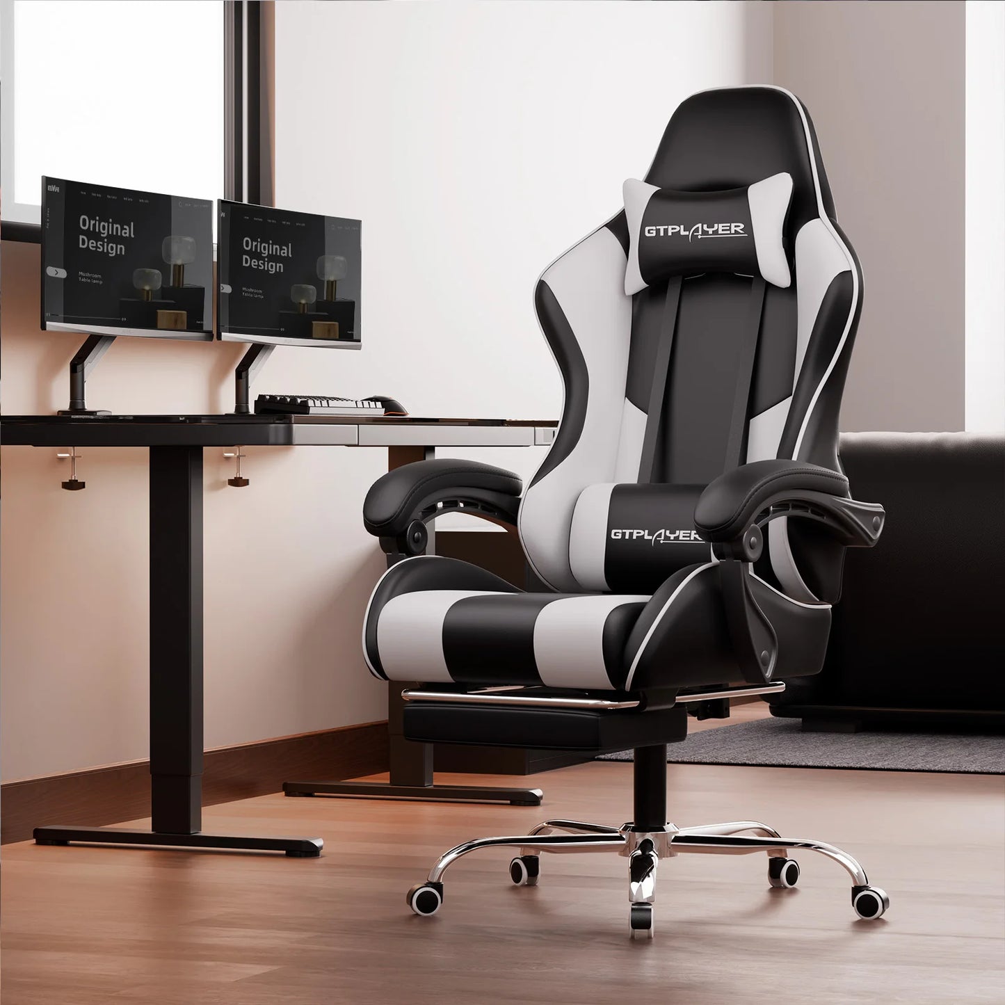 GTPLAYER Gaming chair with massage Lumin cushion & footrest, Ergonomic office chair with padded seat, swivel chair up to 150 kg