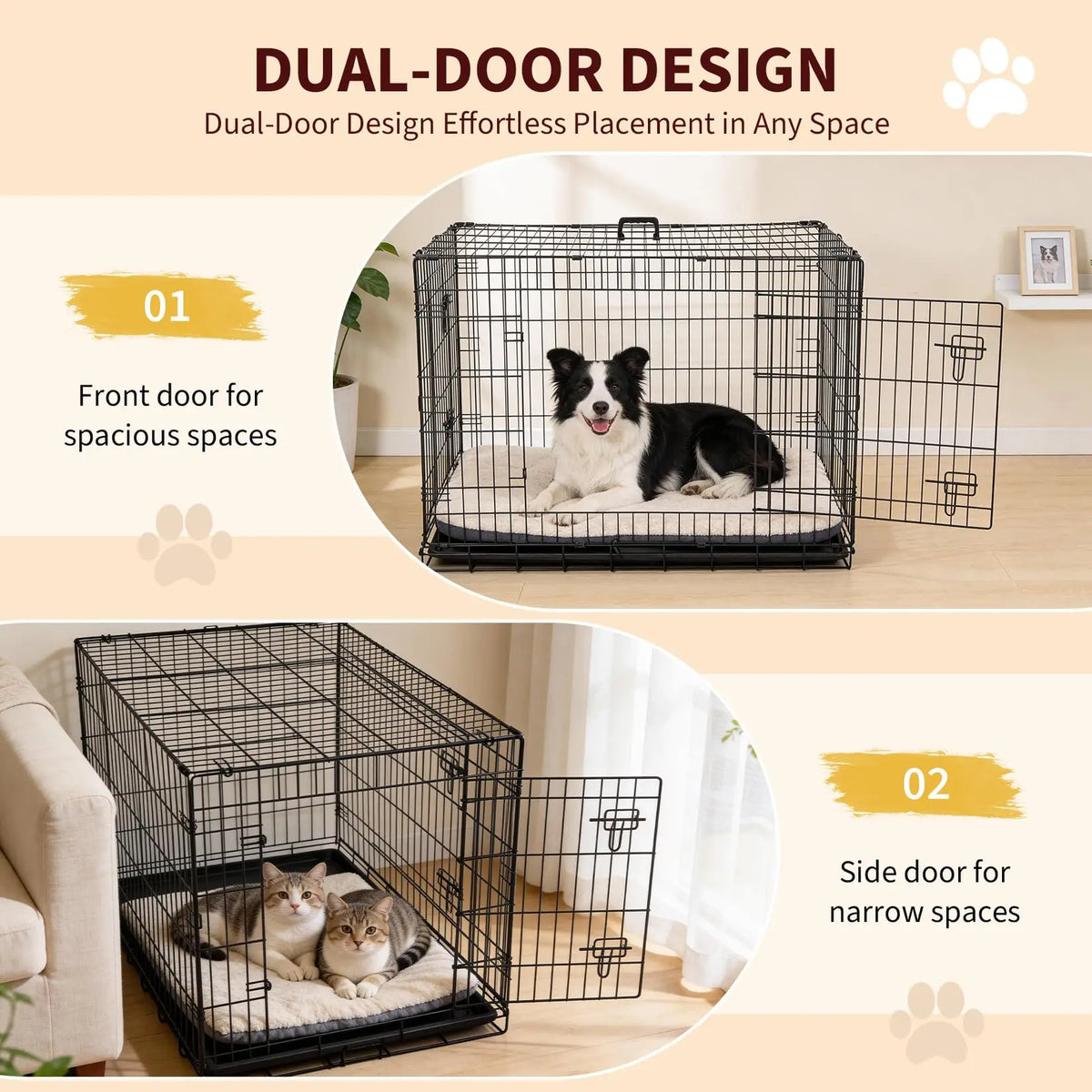 Foldable dogs Box with 2 Doors, 107x70x77.5 cm Folding Metal dogs cage with Removable Waterproof Floor Track and Partition Wall for Medium dogs