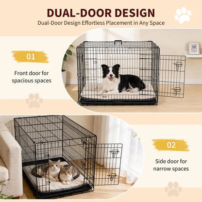 Foldable dogs Box with 2 Doors, 107x70x77.5 cm Folding Metal dogs cage with Removable Waterproof Floor Track and Partition Wall for Medium dogs